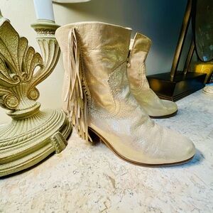 Sam Edelman Light Metallic Gold Ankle Boots with Fringe